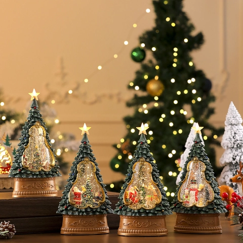Christmas Tree Snow Globe Ornament LED Light Music Box Automatic Snowing USB Battery Powered Resin Santa Snowman Christmas Decoration Gift