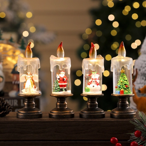Weihnachten LED Elektronisches Kerzenlicht Retro Dekolampe Mit Weihnachtsmann Schneemann Baum Engel Miniaturlandschaft Bronze Basis Für Feiertag Home Party
