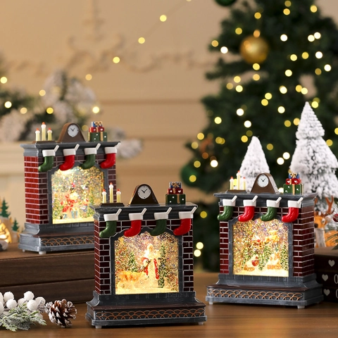 Carillon Palla di Neve LED a Forma di Camino di Natale Con Babbo Natale Renna Pupazzo di Neve Decorazione per la Casa