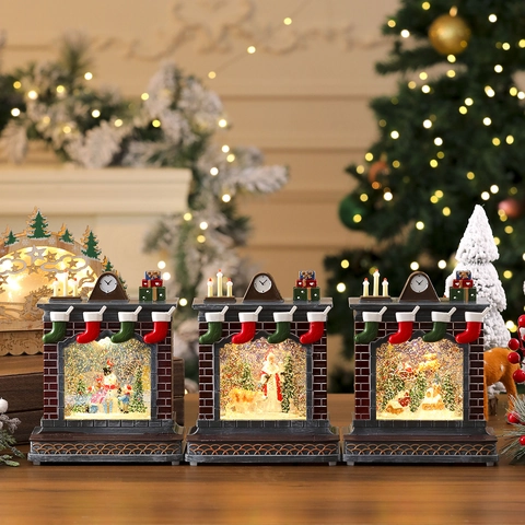 Carillon Palla di Neve LED a Forma di Camino di Natale Con Babbo Natale Renna Pupazzo di Neve Decorazione per la Casa