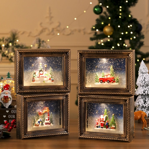 Carillon Di Natale Cornice Per Foto Retrò Luce LED Neve Rotante Decorazione Da Scrivania In Miniatura