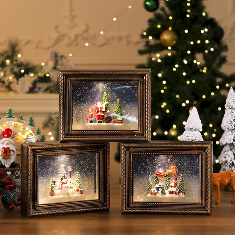 Carillon Di Natale Cornice Per Foto Retrò Luce LED Neve Rotante Decorazione Da Scrivania In Miniatura