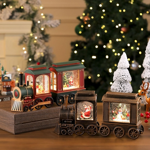 Christmas Train Snow Globe Music Box With LED Light And Floating Glitter Santa Snowman Figurines Retro Xmas Water Lantern Ornament