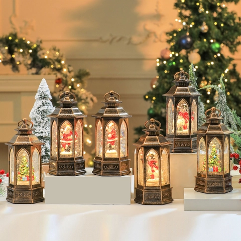 Weihnachts Schneekugel Laterne Musikalische Leuchtende Glitzer Wasserlaterne USB Batteriebetrieben Retro Bronze Deko Lampe