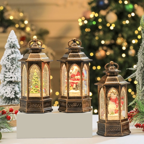 Weihnachts Schneekugel Laterne Musikalische Leuchtende Glitzer Wasserlaterne USB Batteriebetrieben Retro Bronze Deko Lampe