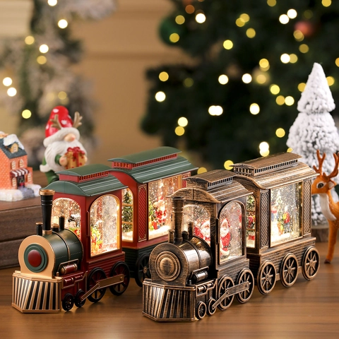 Christmas Train Snow Globe Music Box With LED Light And Floating Glitter Santa Snowman Figurines Retro Xmas Water Lantern Ornament