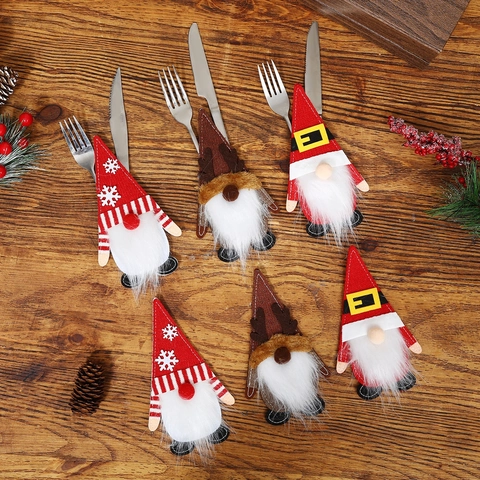 Christmas Gnome Cutlery Holders Felt Knit Faux Fur Table Decoration Reindeer Snowflake Belt Design Festive Dinner Party