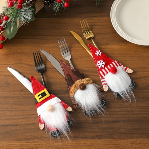 Christmas Gnome Cutlery Holders Felt Knit Faux Fur Table Decoration Reindeer Snowflake Belt Design Festive Dinner Party