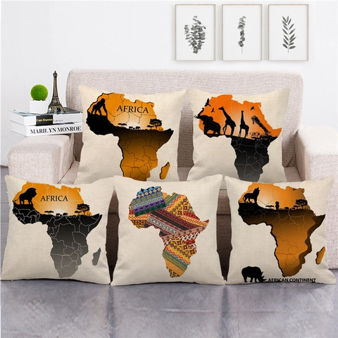 Housse de Coussin en Lin Carte Afrique Animaux Sauvages Imprimé Coucher de Soleil Taie d'Oreiller Décorative Salon Canapé