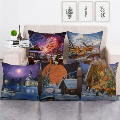 Kerst Aquarel Linnen Kussenhoes Winter Sneeuwscène Hut Rendier Patroon Decoratieve Kussensloop Voor Huis Bank Decor