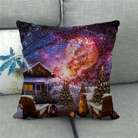 Kerst Aquarel Linnen Kussenhoes Winter Sneeuwscène Hut Rendier Patroon Decoratieve Kussensloop Voor Huis Bank Decor