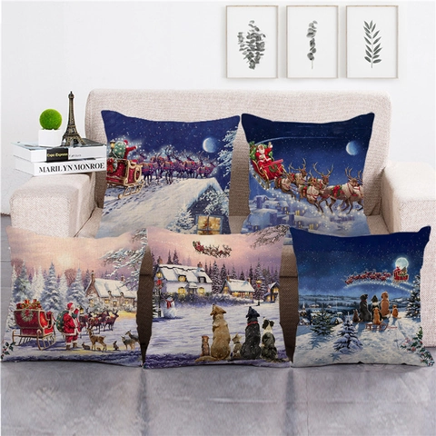 Fodera Per Cuscino Natalizia Babbo Natale Renna Scena Di Neve Lino Quadrata Federa Decorativa Divano Decorazioni Casa