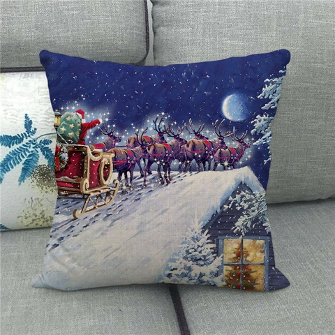 Fodera Per Cuscino Natalizia Babbo Natale Renna Scena Di Neve Lino Quadrata Federa Decorativa Divano Decorazioni Casa