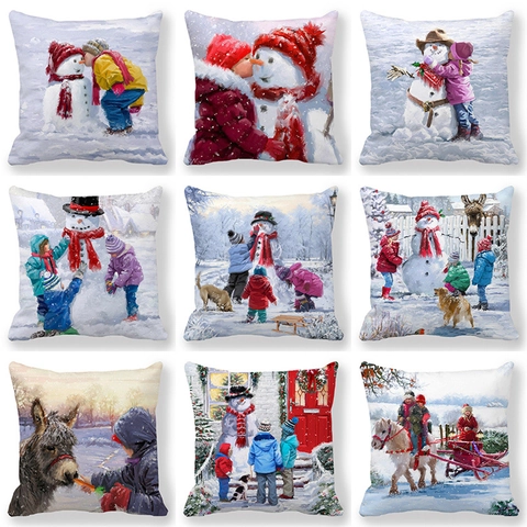 Vintage Oil Painting Christmas Snowman Kids Pattern Decorative Pillowcase Linen Square Cushion Cover For Home Living Room Sofa Holiday Decor Gift