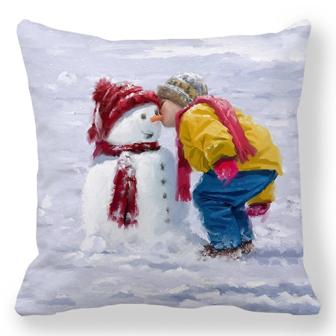 Vintage Oil Painting Christmas Snowman Kids Pattern Decorative Pillowcase Linen Square Cushion Cover For Home Living Room Sofa Holiday Decor Gift