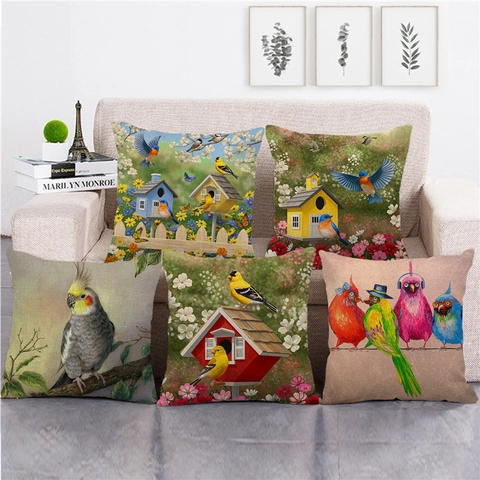 Funda de Cojín de Lino con Pintura al Óleo de Flores y Pájaros de Acuarela Funda de Almohada Decorativa Cuadrada para Sofá