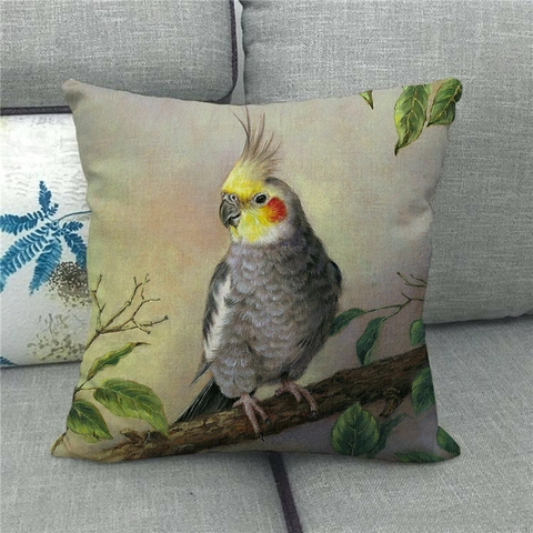 Funda de Cojín de Lino con Pintura al Óleo de Flores y Pájaros de Acuarela Funda de Almohada Decorativa Cuadrada para Sofá