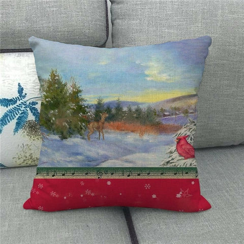 Christmas Snow Scene Linen Cushion Cover Winter Landscape Horse Cabin Pattern Decorative Pillowcase For Sofa Living Room Home
