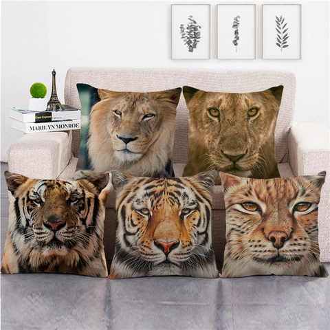 Realistische Wildtier Löwe Tiger Schneeleopard Leinen Kissenbezug Quadratischer Dekorativer Dekokissenbezug Für Sofa Heim 45x45cm
