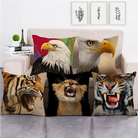 Federa Per Cuscino In Lino Stampa Animali Selvatici Aquila Tigre Leone Realistica Decorativa Per Divano
