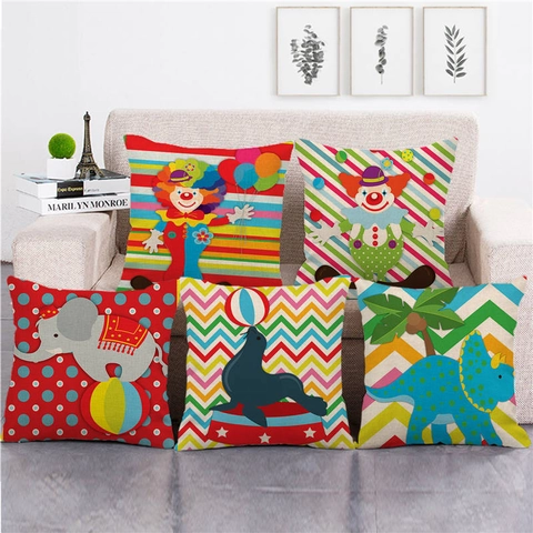 Kissenbezug Leinen Quadratisch Cartoon Zirkus Tier Clown Elefant Dinosaurier Dekorative Kissenhülle Für Sofa