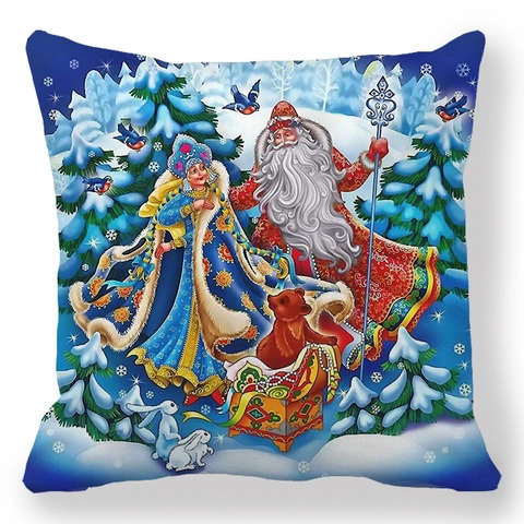 Christmas Decorative Pillowcase Peach Skin Velvet Throw Cushion Cover Oil Painting Winter Snow Scene Home Sofa Decor