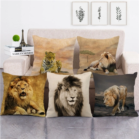 Linnen Kussenhoes Realistische Dierenleeuw Tijgerprint Vierkante Kussensloop Voor Sofa Woondecoratie Afrika Vintage Stijl