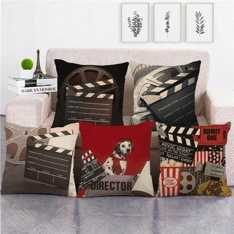 Vintage Movie Theme Throw Pillow Case Linen Cinema Clapperboard Print Decorative Cushion Cover Retro Home Decor
