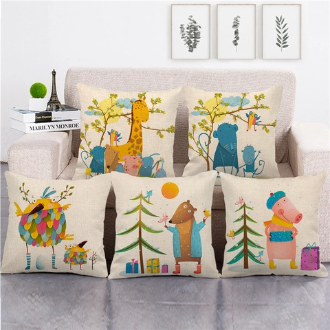 Funda De Cojín Lino Cuadrada Decorativa Lindo Patrón Animal Dibujos Animados Impresión Digital Para Sofá Hogar