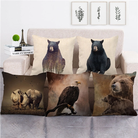 Federa in Lino Animali Selvatici Volpe Lupo Rinoceronte Orso Aquila Gorilla Cuscino Quadrato Decorativo Divano Casa