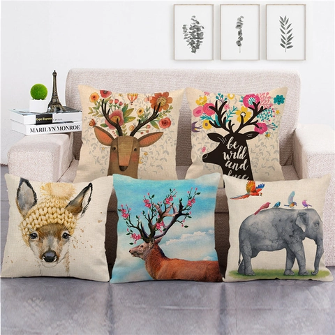 Kussensloop Cartoon Dier Linnen Decoratieve Kussenhoes Hert Olifant Bloemenprint Vierkant Sierkussen Beschermer Home Sofa Decor