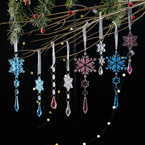 Acrylic Christmas Snowflake Icicle Hanging Ornaments Transparent Pink Blue Crystal Decor Christmas Tree Party Home Decor