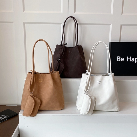 Borsa Tote da Donna Vintage in PU Poliestere Grande Capacità Con Mini Borsellino Coordinato Moda Semplice Borsa a Spalla Ascellare