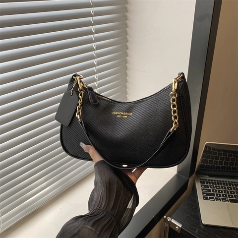 Damen Schultertasche Gewebte Textur Hobo Bag Metallkette Unterachsel Mondsichel Trendig Lässig