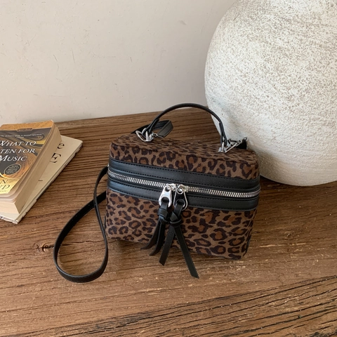 Borsa a Scatola con Stampa Leopardata Donna Vintage in Finto Pelo di Pony Borsa a Mano Fashion Vanity Case Con Tracolla Lunga