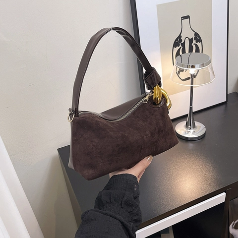 Women Shoulder Bag Suede Patchwork Leather Retro Underarm Handbag With Gold Metal Ring Chain For Daily Office