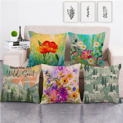 Leinen Kissenbezug Dekorativ Quadratisch Dekokissen Hülle Aquarell Cartoon Tier Blumen Druck Für Sofa Heimdeko