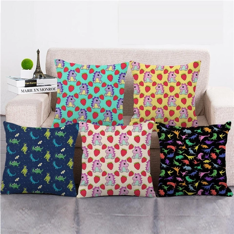Cartoon Dinosaur Pattern Linen Throw Pillow Case Square Cushion Cover For Sofa Living Room Decor Kids Room Gift
