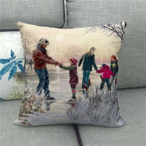 Vintage Weihnachten Leinen Kissenbezug Winter Schneeszene Ölgemälde Kissenhülle Für Sofa Haus Deko Feiertag Kissenbezug