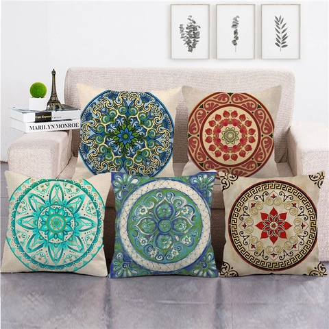 Federa in Lino Geometrica Mandala Boema Federa per Cuscino Decorativo Quadrato per Divano Soggiorno Letto Arredamento Casa