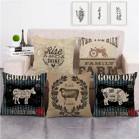 Vintage Farmhouse Throw Pillow Covers Linen Square Decorative Cushion Cases For Sofa Home Decor Farm Animal Prints