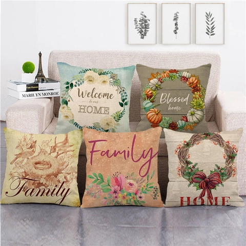 Funda de Almohada Cuadrada de Lino Rústico Welcome Home Sweet Home Guirlanda Estampado Floral Funda de Cojín Decorativa Para Sofá
