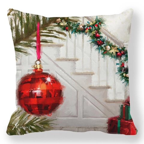 Vintage Christmas Linen Decorative Pillow Cover Square Oil Painting Style Santa Snowman Animal Print Throw Pillow Case For Home Decor