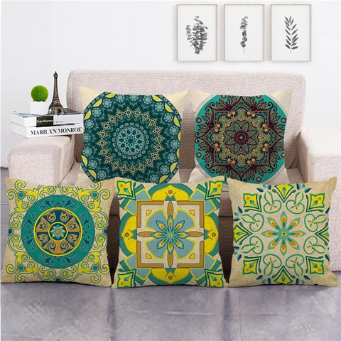 Taie d'Oreiller en Lin Géométrique Mandala Bohème Carrée Vintage Ethnique Housse de Coussin Décorative Pour Canapé Salon Décoration Maison Sans Insert