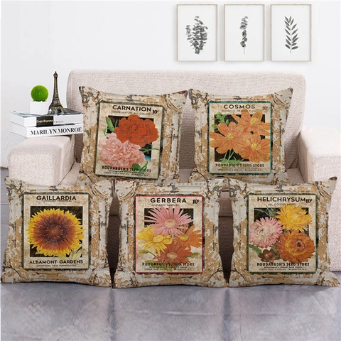 Vintage Linen Throw Pillow Case Retro Flower Seed Bag Pattern Decorative Cushion Cover For Sofa Living Room Home Decor