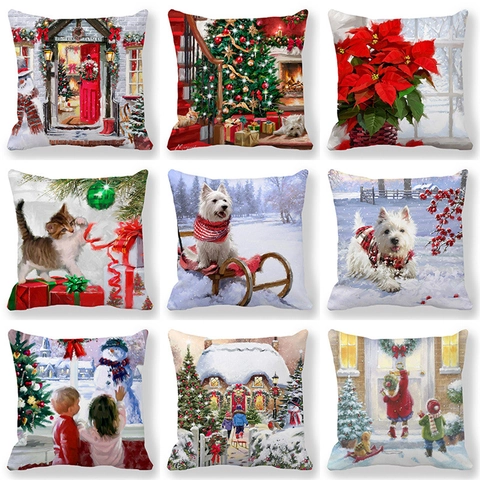 Vintage Christmas Linen Decorative Pillow Cover Square Oil Painting Style Santa Snowman Animal Print Throw Pillow Case For Home Decor