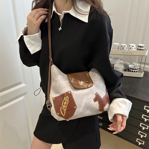 Sac Bandoulière Rétro Toile Patch Cuir Synthétique Motif Chien Sac Cabas Grande Capacité Mode Rue Sac à Main Casual