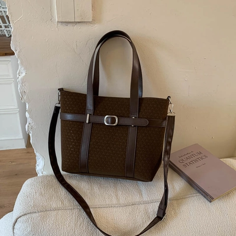 Women Retro Large Capacity Tote Bag Textured Fabric Handbag With Belt Buckle Decor Crossbody Strap Commuter Style