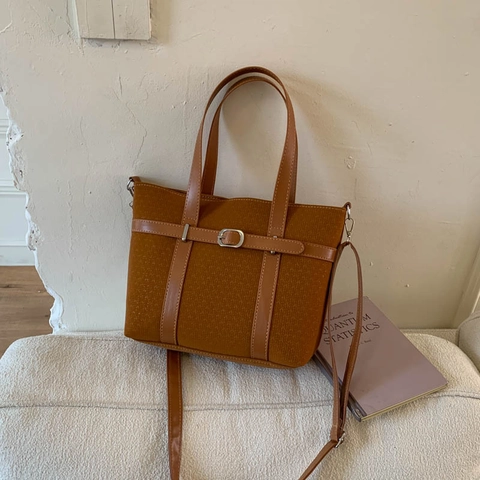 Women Retro Large Capacity Tote Bag Textured Fabric Handbag With Belt Buckle Decor Crossbody Strap Commuter Style