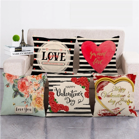 Housse De Coussin En Lin Pour La Saint Valentin Carré Motif Coeur Romantique Imprimé Amour Taie Oreiller Décorative Sofa